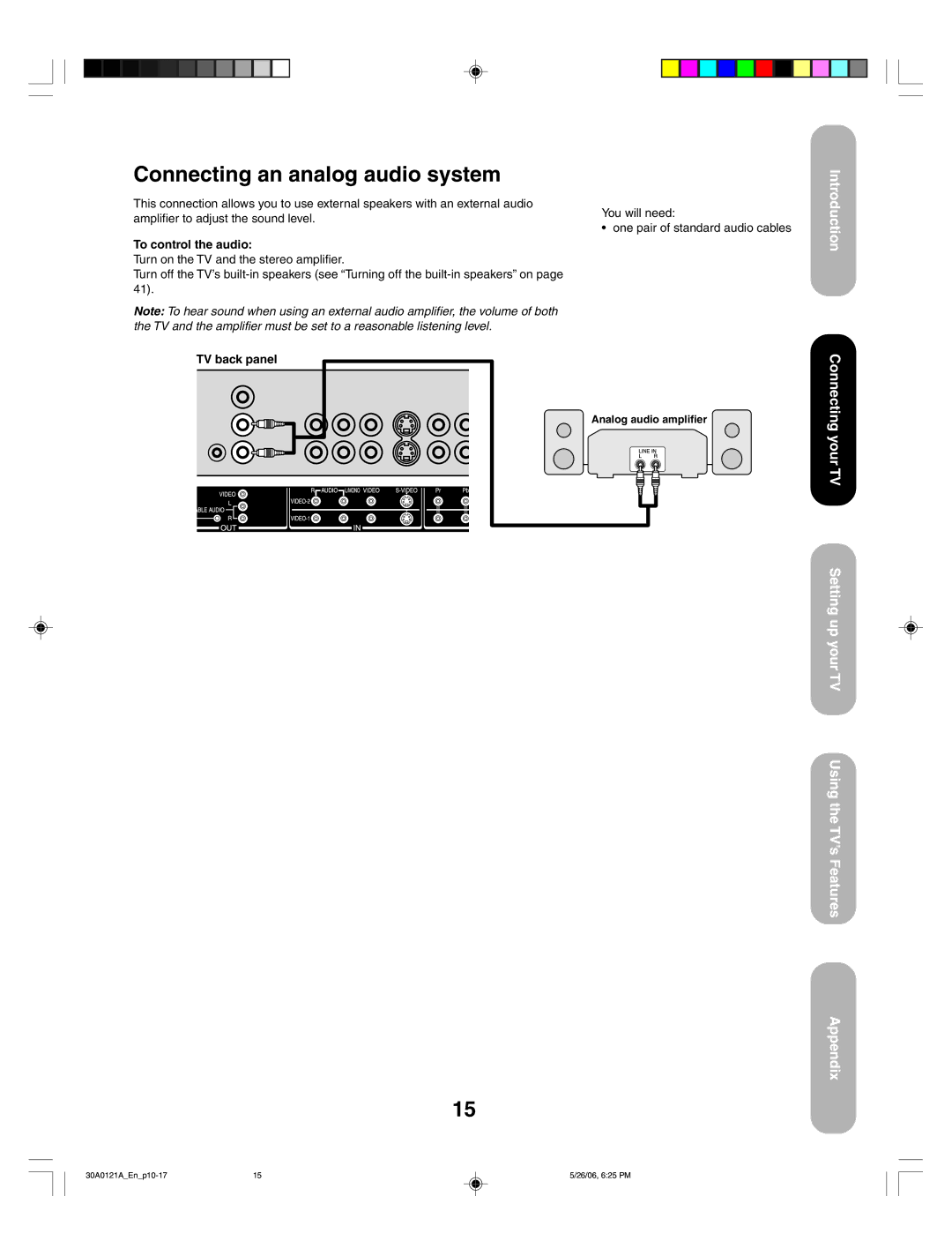 Toshiba 50HP86, 42HP86 appendix Connecting an analog audio system, To control the audio, TV back panel 