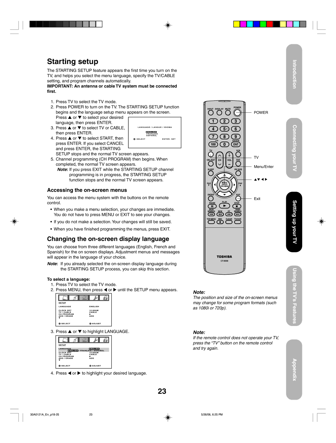 Toshiba 50HP86, 42HP86 appendix Starting setup, Changing the on-screen display language, To select a language 