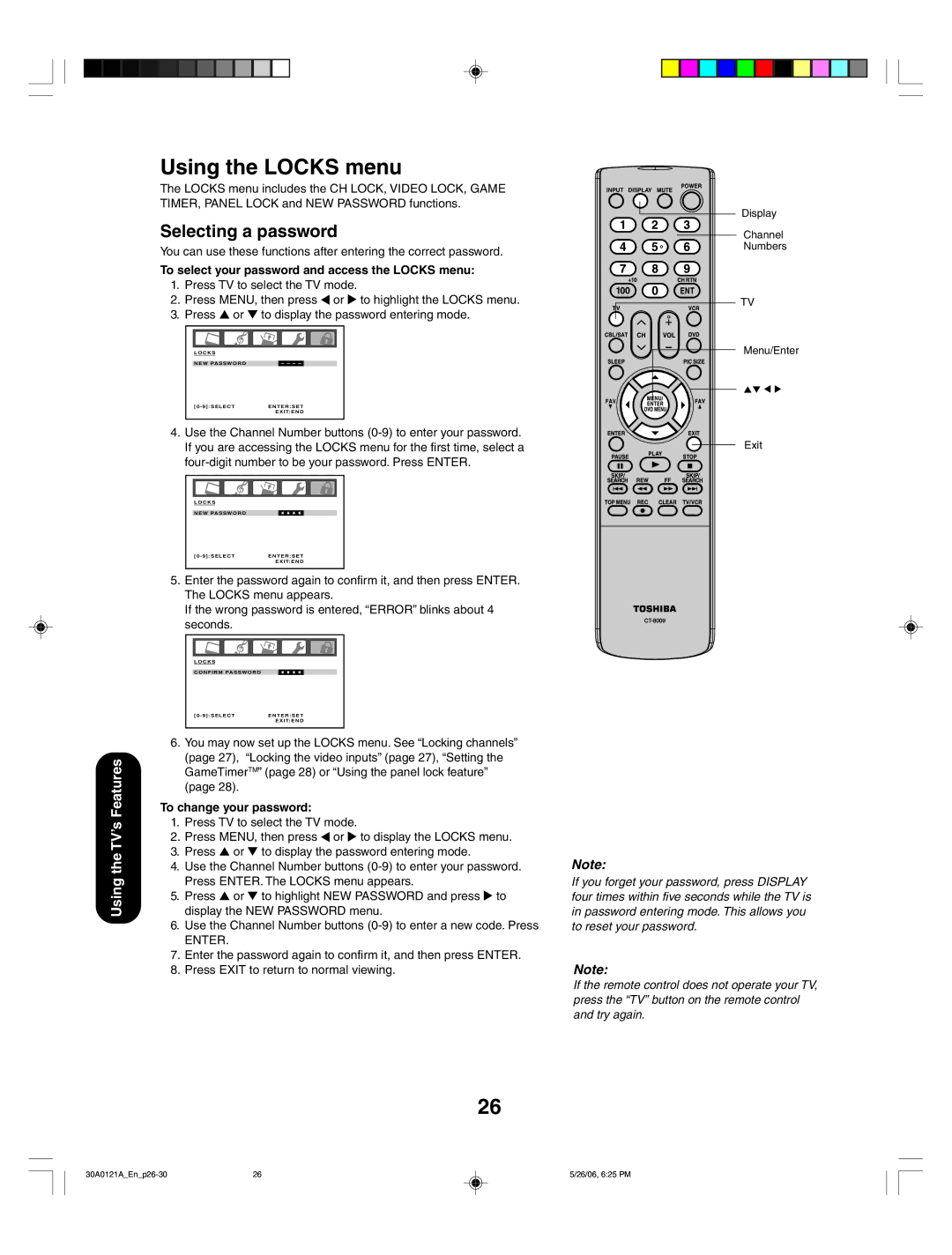 Toshiba 42HP86, 50HP86 Using the Locks menu, Selecting a password, To select your password and access the Locks menu 