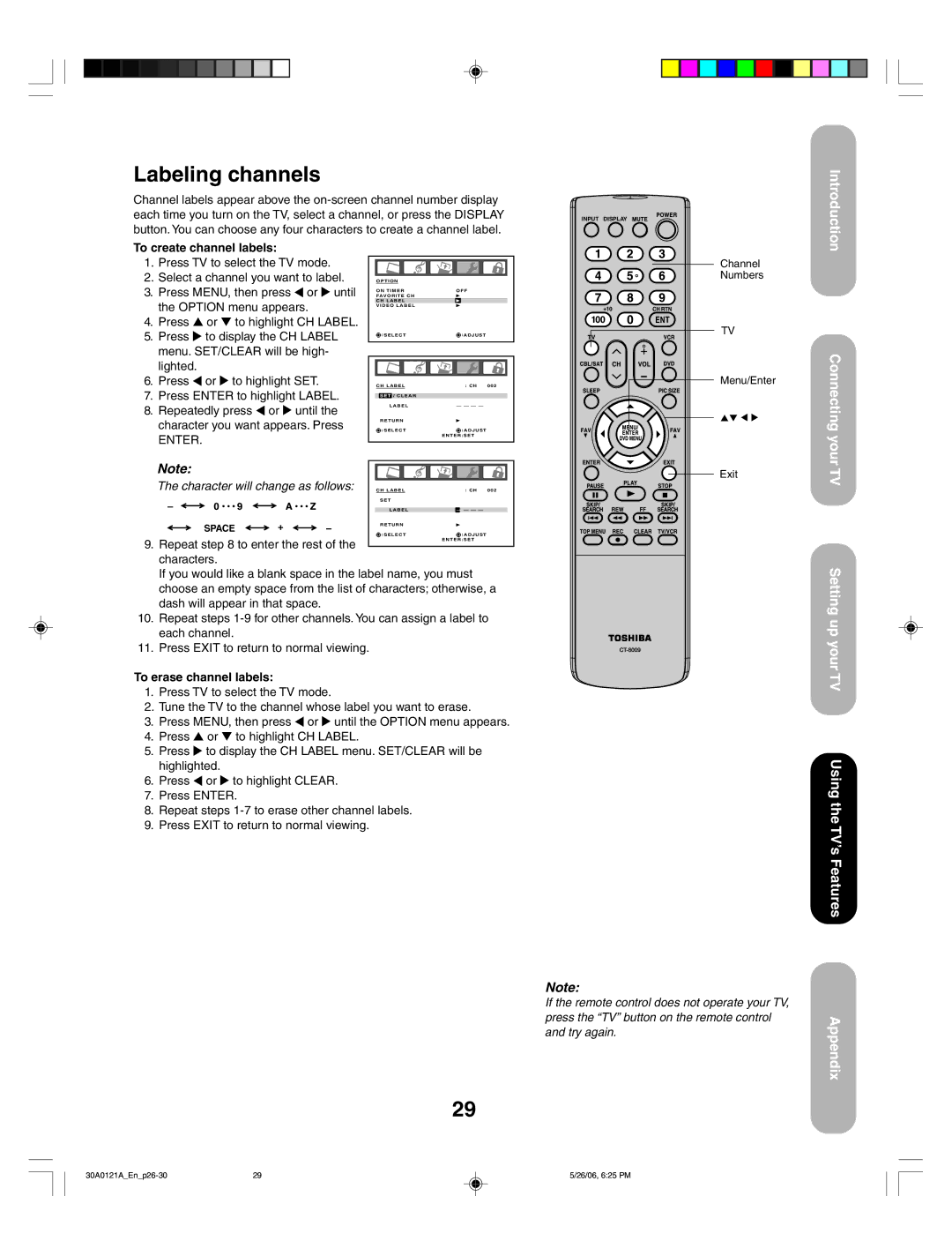 Toshiba 50HP86, 42HP86 appendix Labeling channels, To create channel labels, Repeat to enter the rest of the characters 