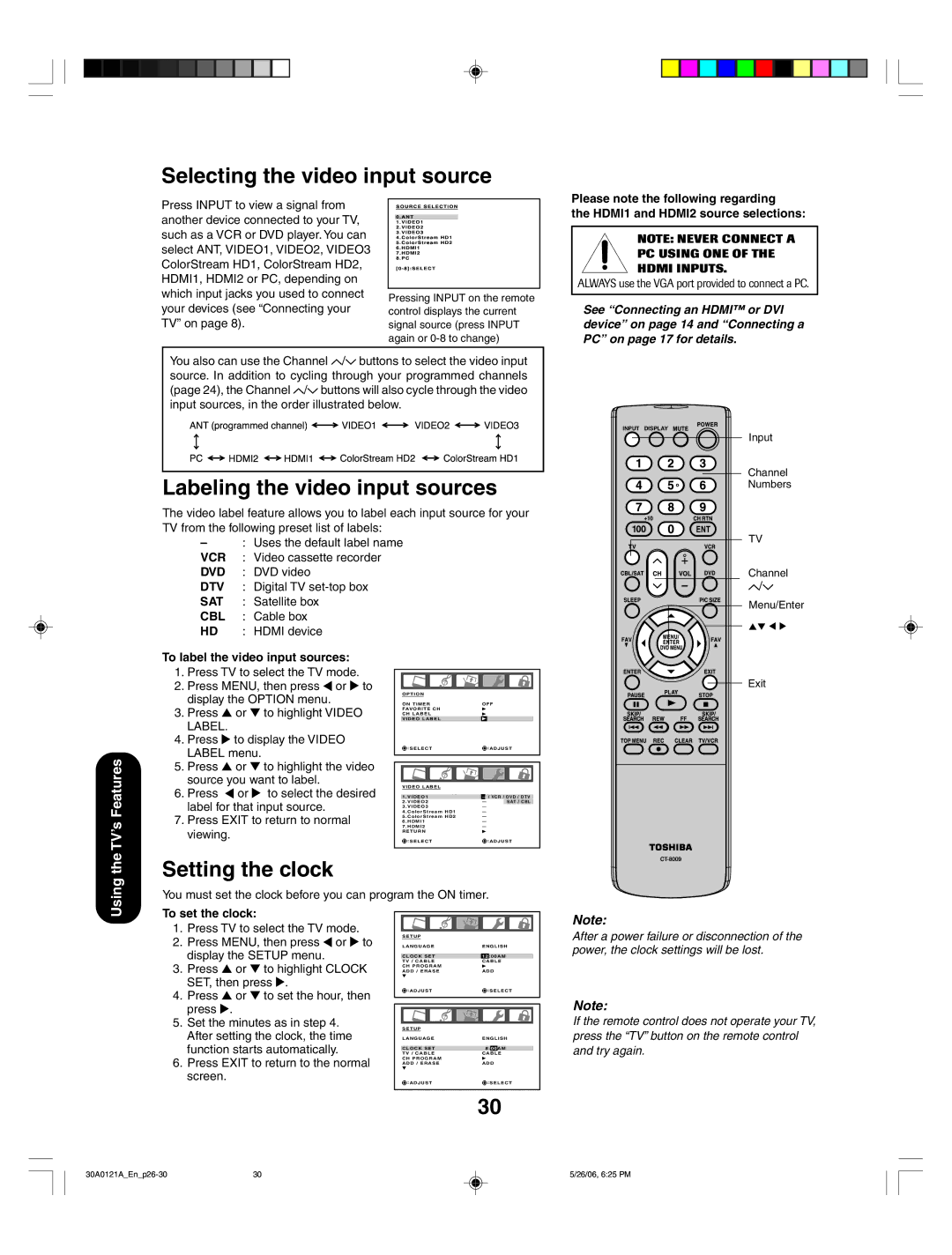 Toshiba 42HP86 Selecting the video input source, Labeling the video input sources, Setting the clock, To set the clock 