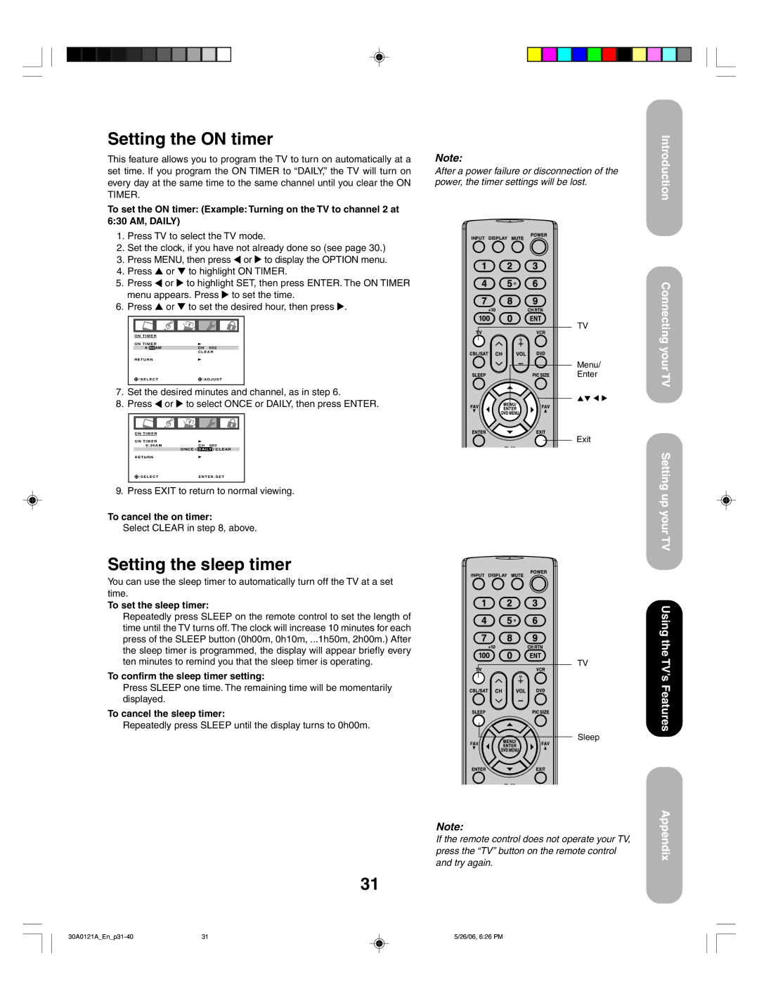 Toshiba 50HP86, 42HP86 appendix Setting the on timer 