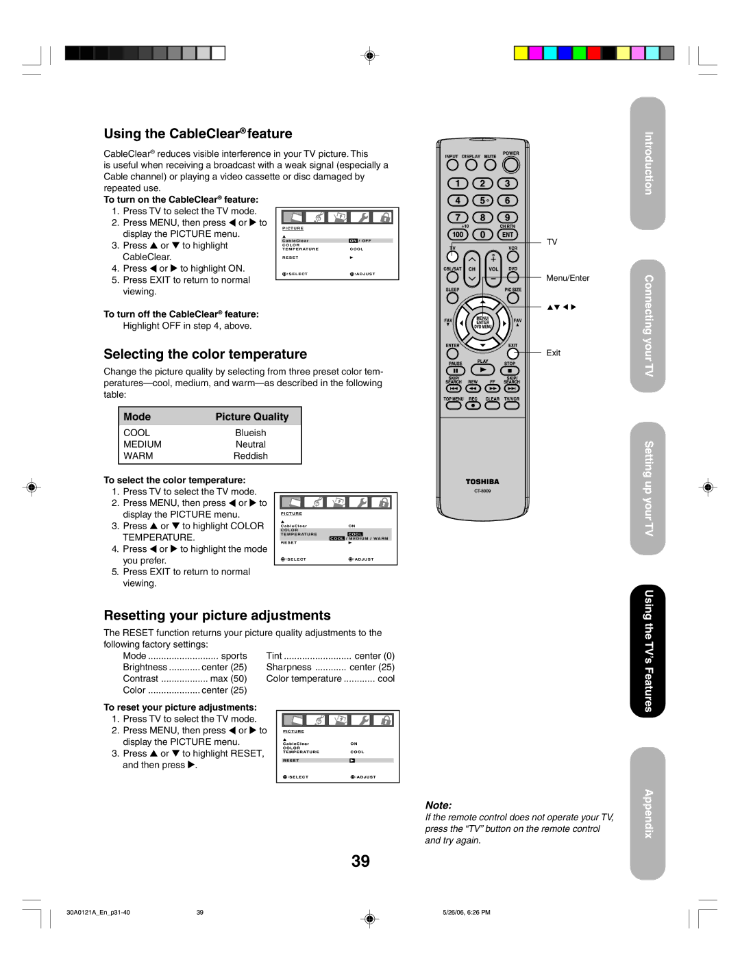 Toshiba 50HP86, 42HP86 Using the CableClear feature, Selecting the color temperature, Resetting your picture adjustments 