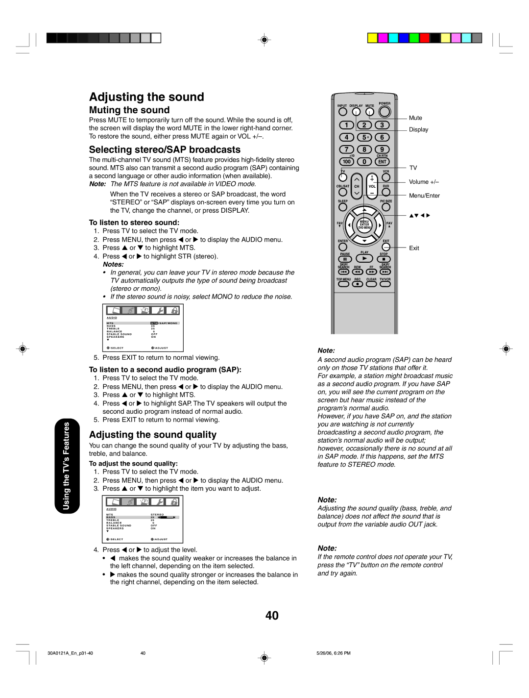 Toshiba 42HP86, 50HP86 appendix Muting the sound, Selecting stereo/SAP broadcasts, Adjusting the sound quality 