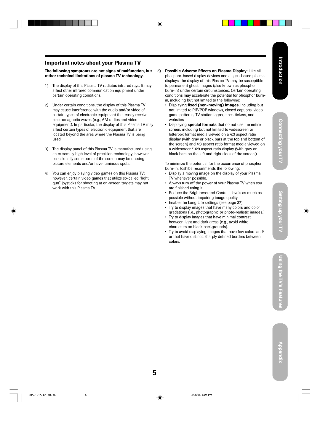 Toshiba 50HP86, 42HP86 appendix Important notes about your Plasma TV 