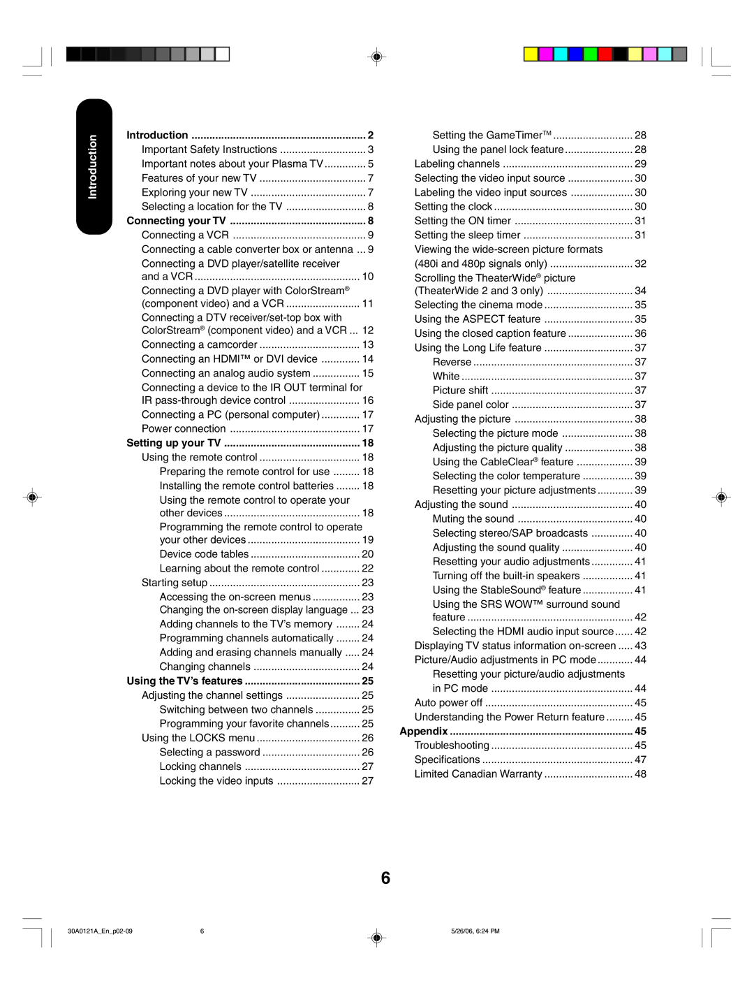 Toshiba 42HP86, 50HP86 appendix Introduction, Connecting your TV, Setting up your TV, Using the TV’s features, Appendix 