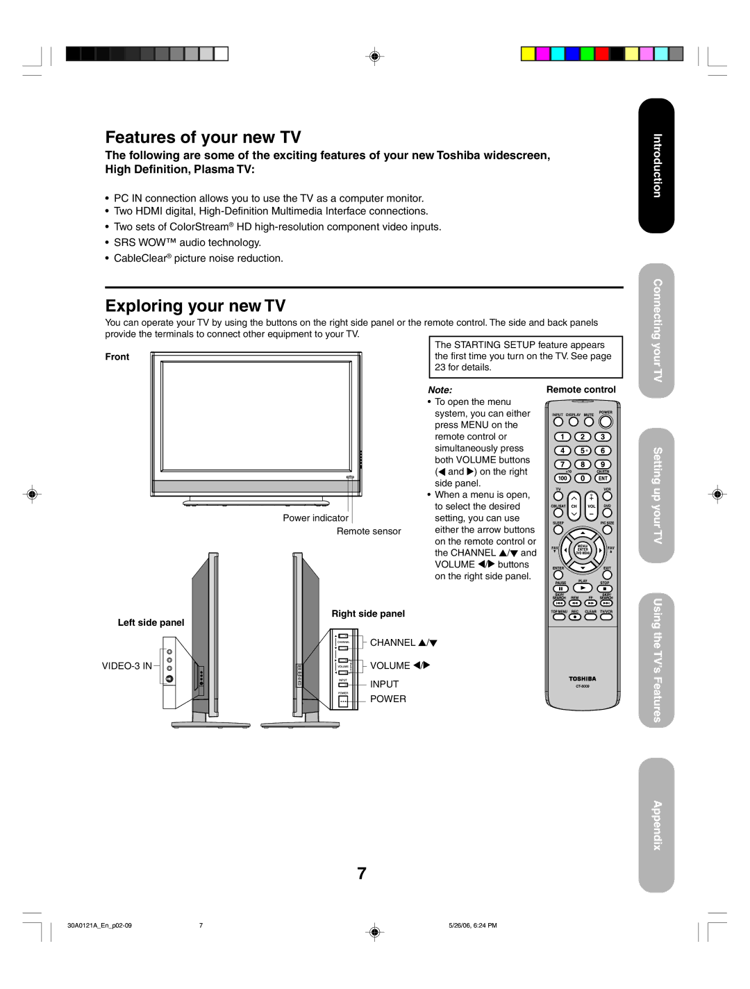 Toshiba 50HP86 Features of your new TV, Exploring your new TV, Front, Remote control, Right side panel Left side panel 