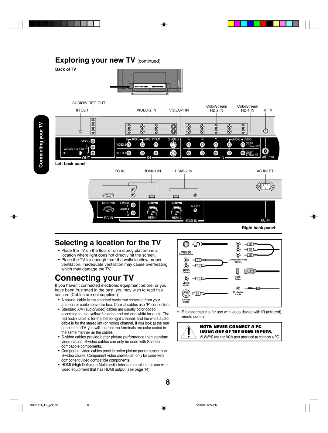 Toshiba 42HP86, 50HP86 appendix Selecting a location for the TV, Back of TV, Left back panel, Right back panel 