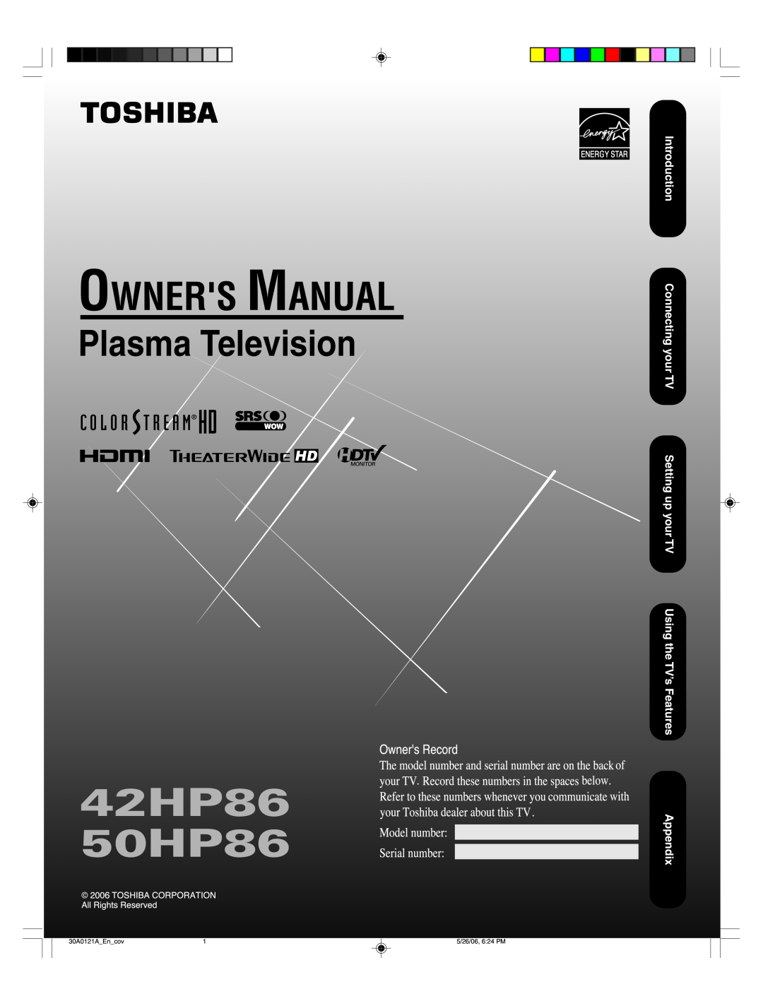 Toshiba appendix 42HP86 50HP86, Plasma Television, Introduction Connecting your TV Setting up your TV, 30A0121AEncov 