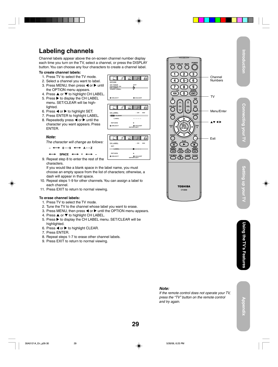 Toshiba 50HP86 Labeling channels, Setting up your TV Using the TV’s Features, Appendix, Introduction, Connecting your 