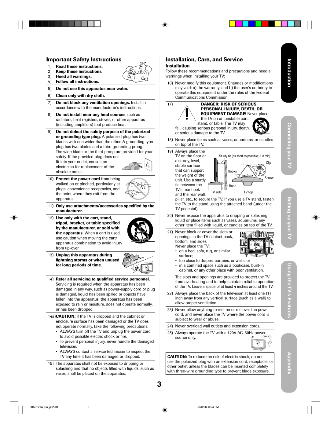 Toshiba 50HP86, 42HP86 Important Safety Instructions, Installation, Care, and Service, Using the TV’s Features Appendix 