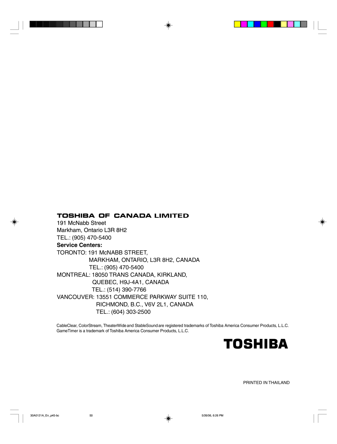 Toshiba 42HP86, 50HP86 appendix Service Centers 