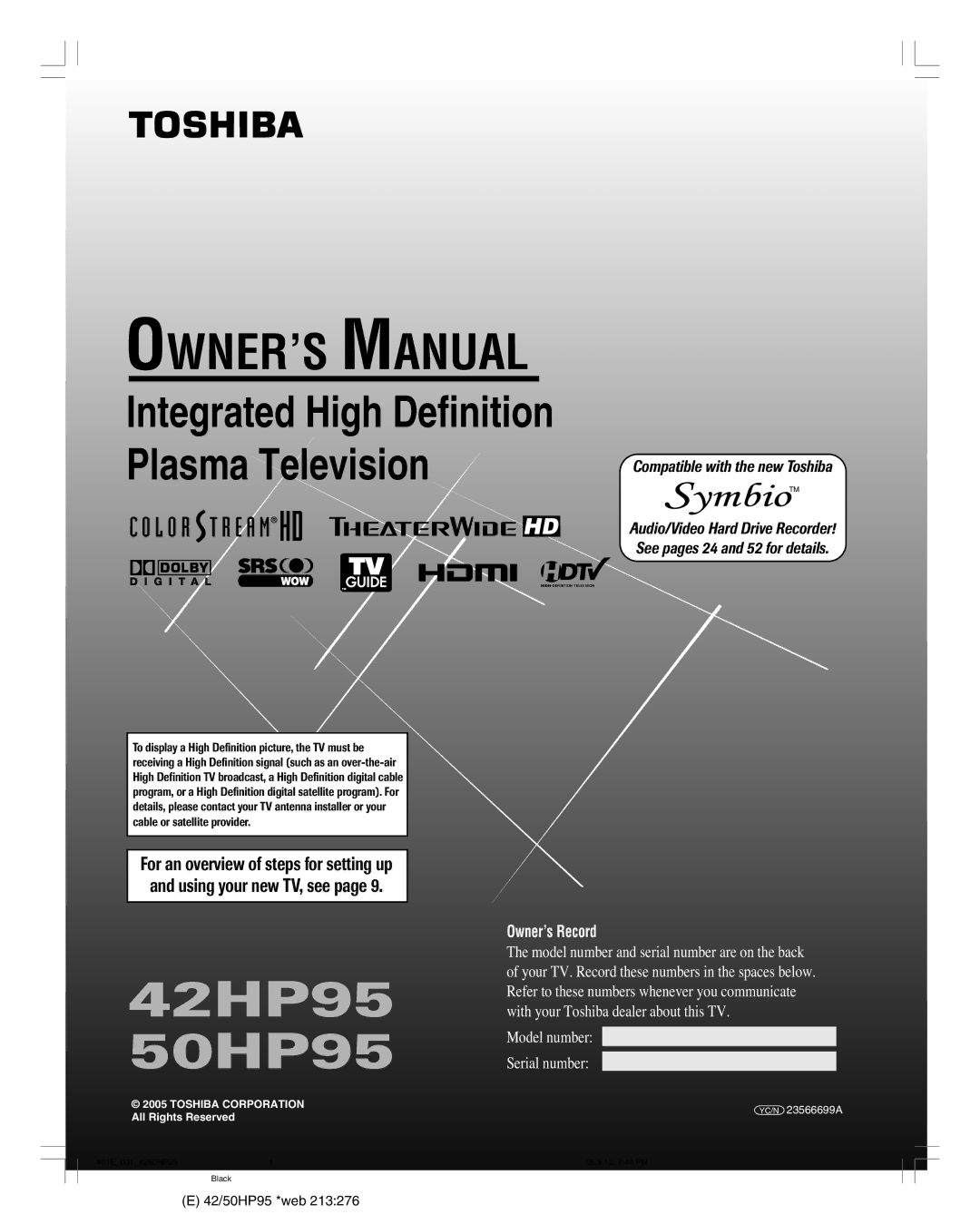 Toshiba 42HP95 owner manual Integrated High Definition Plasma Television, 42/50HP95 *web 