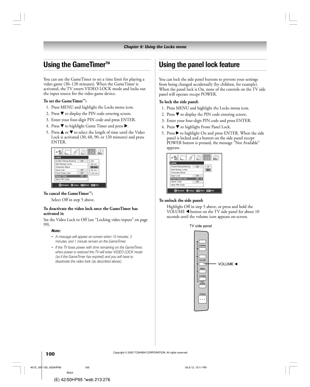 Toshiba 42HP95 owner manual Using the GameTimer, Using the panel lock feature 