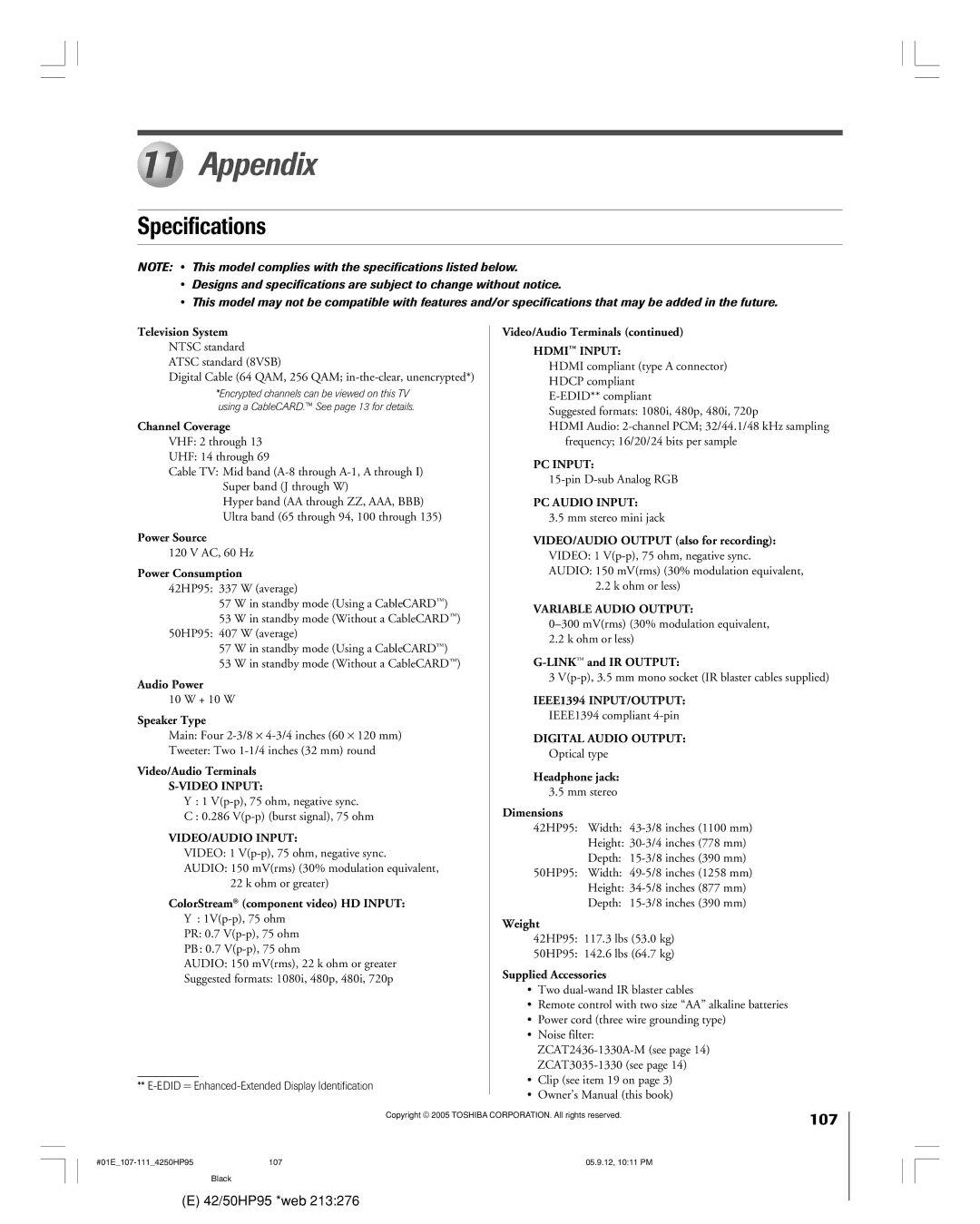 Toshiba 42HP95 owner manual Appendix, Specifications, Edid = Enhanced-Extended Display Identification 