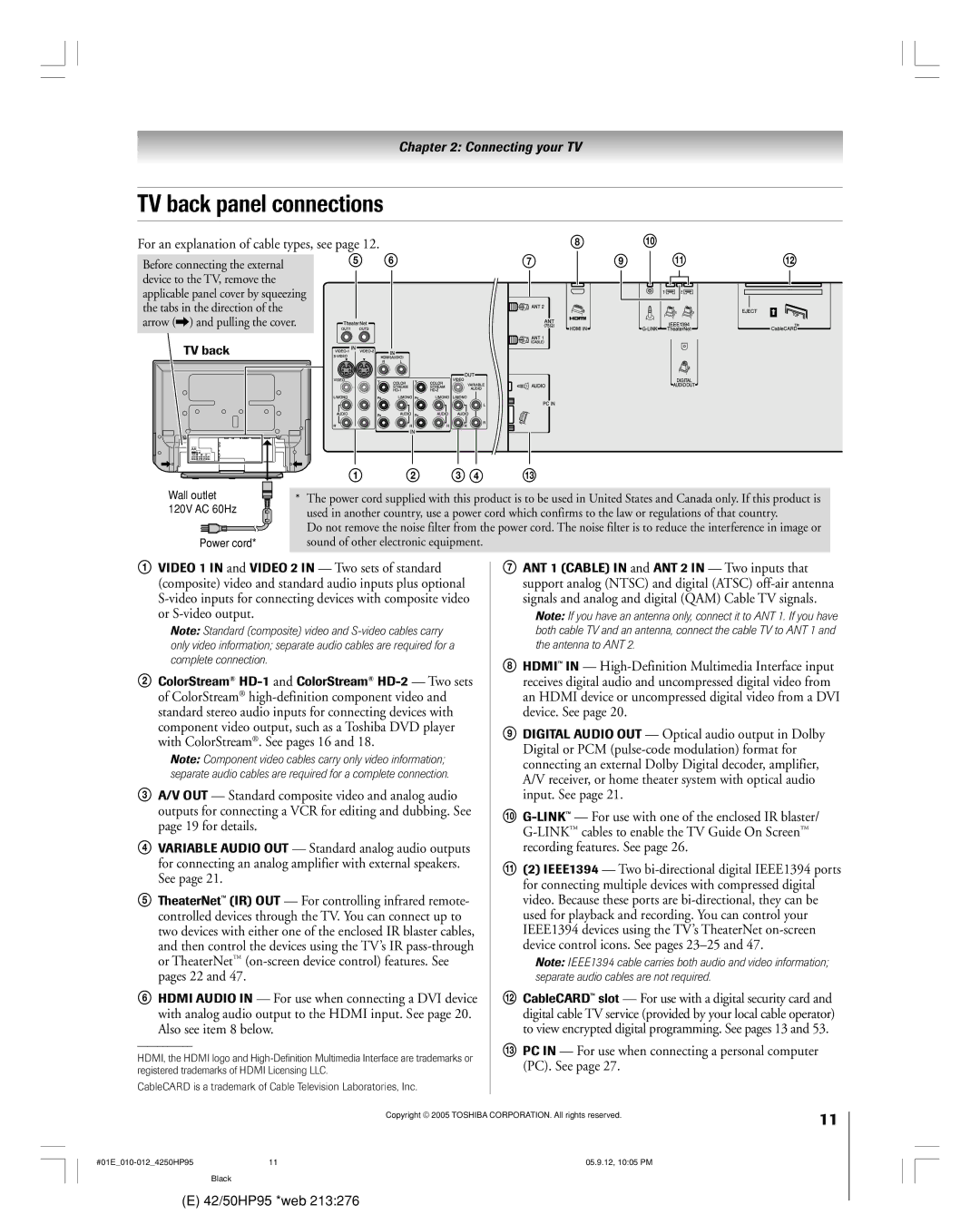 Toshiba 42HP95 owner manual TV back panel connections, 3 4 !£, Also see item 8 below 