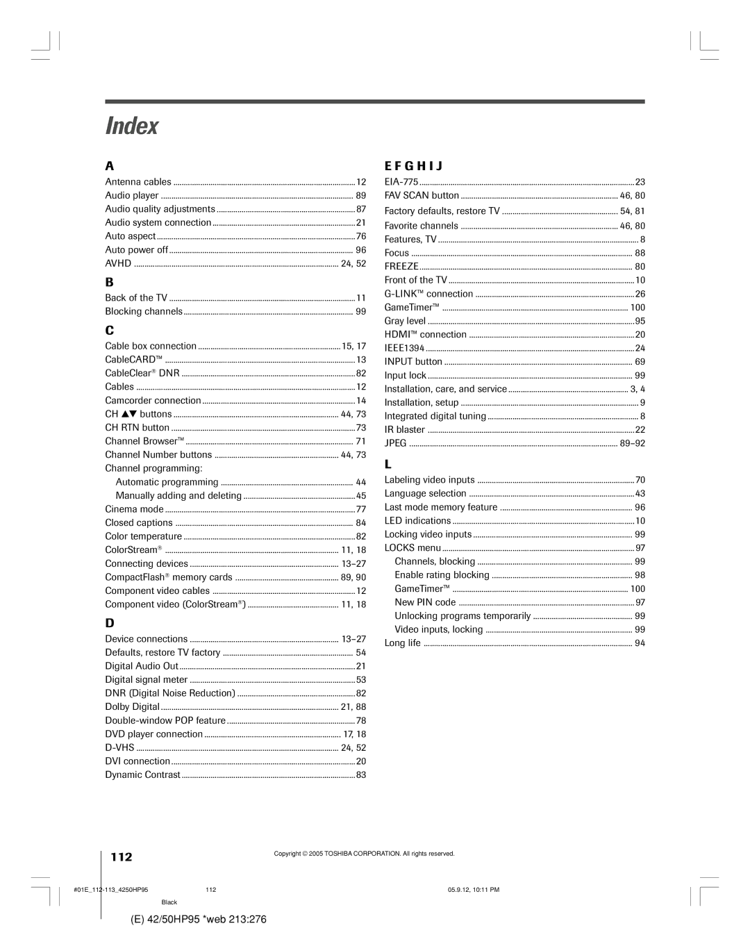 Toshiba 42HP95 owner manual Index, Channel programming, 100 