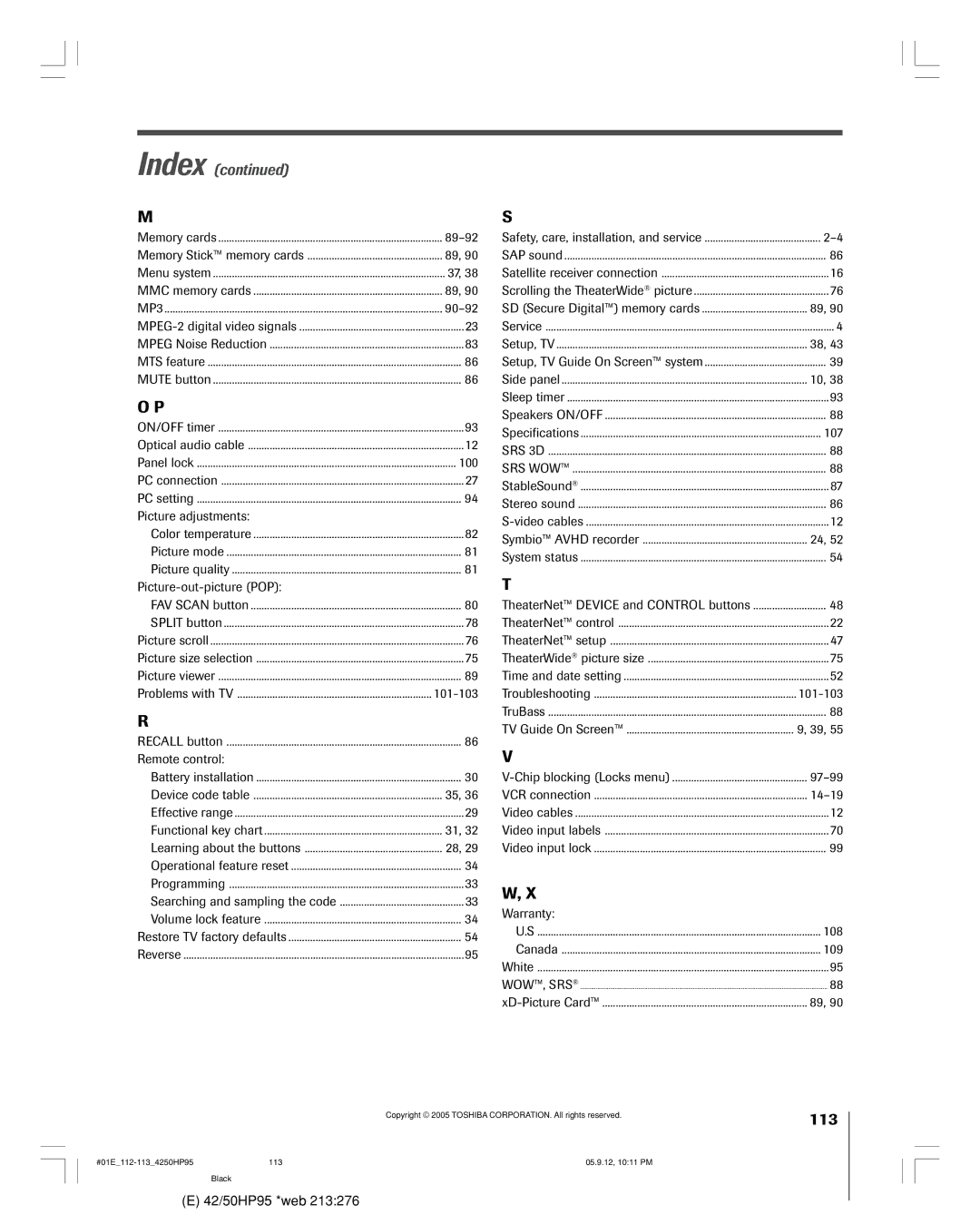 Toshiba 42HP95 89-92, 90-92, Picture adjustments, Picture-out-picture POP, Remote control, 107, 97-99, 14-19, Warranty 108 