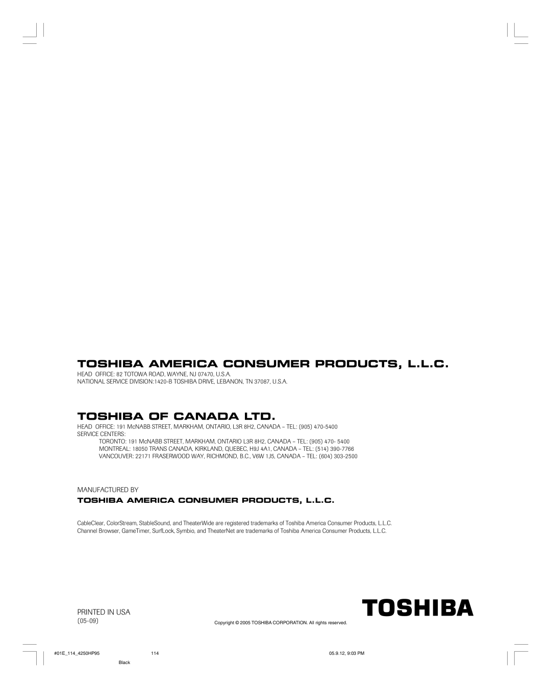 Toshiba 42HP95 owner manual Manufactured by, 05-09 