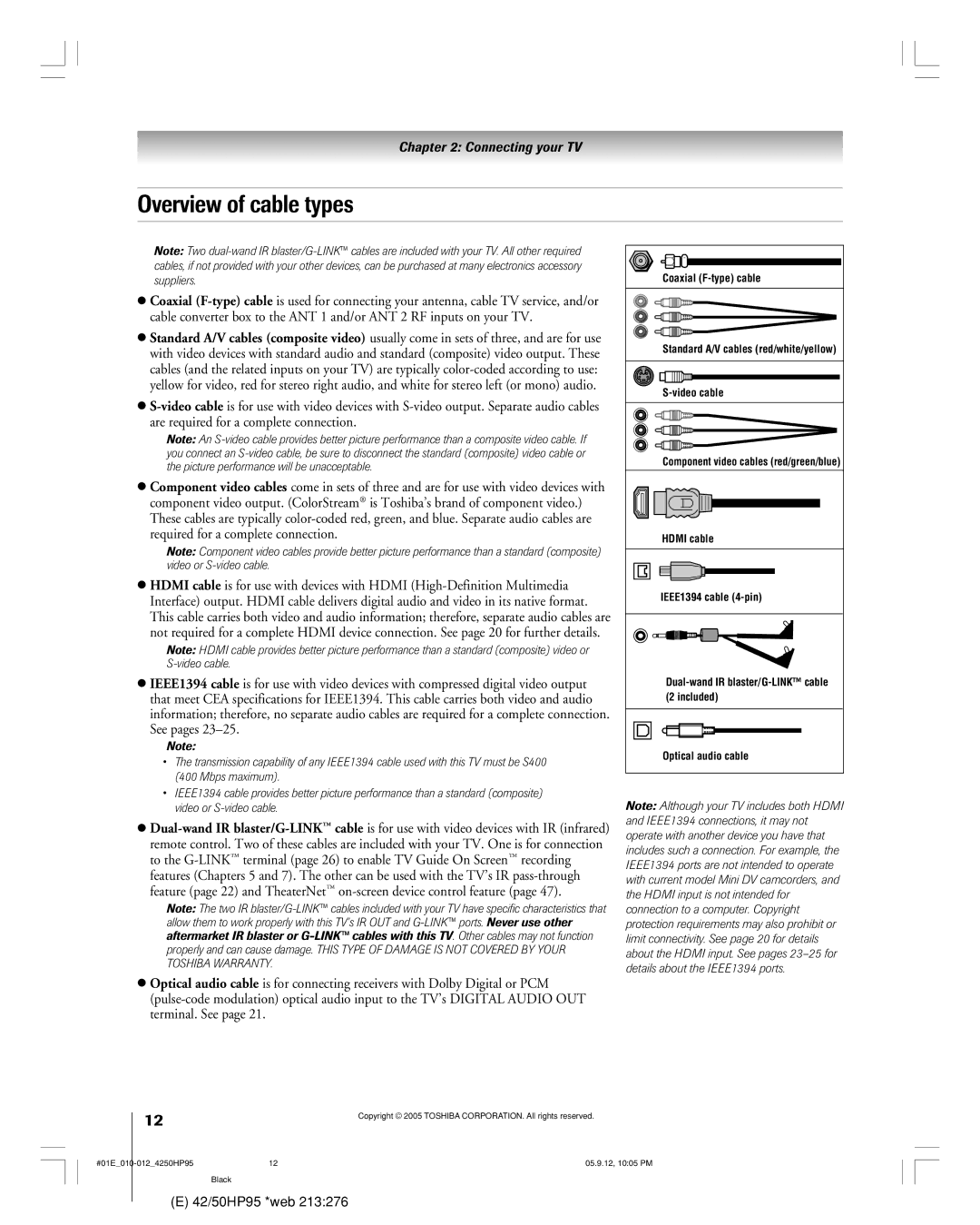 Toshiba 42HP95 owner manual Overview of cable types 