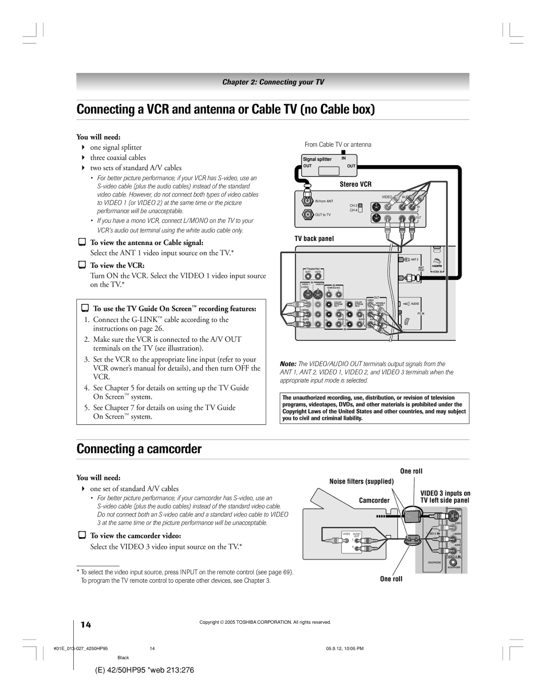 Toshiba 42HP95 owner manual Connecting a VCR and antenna or Cable TV no Cable box, Connecting a camcorder 