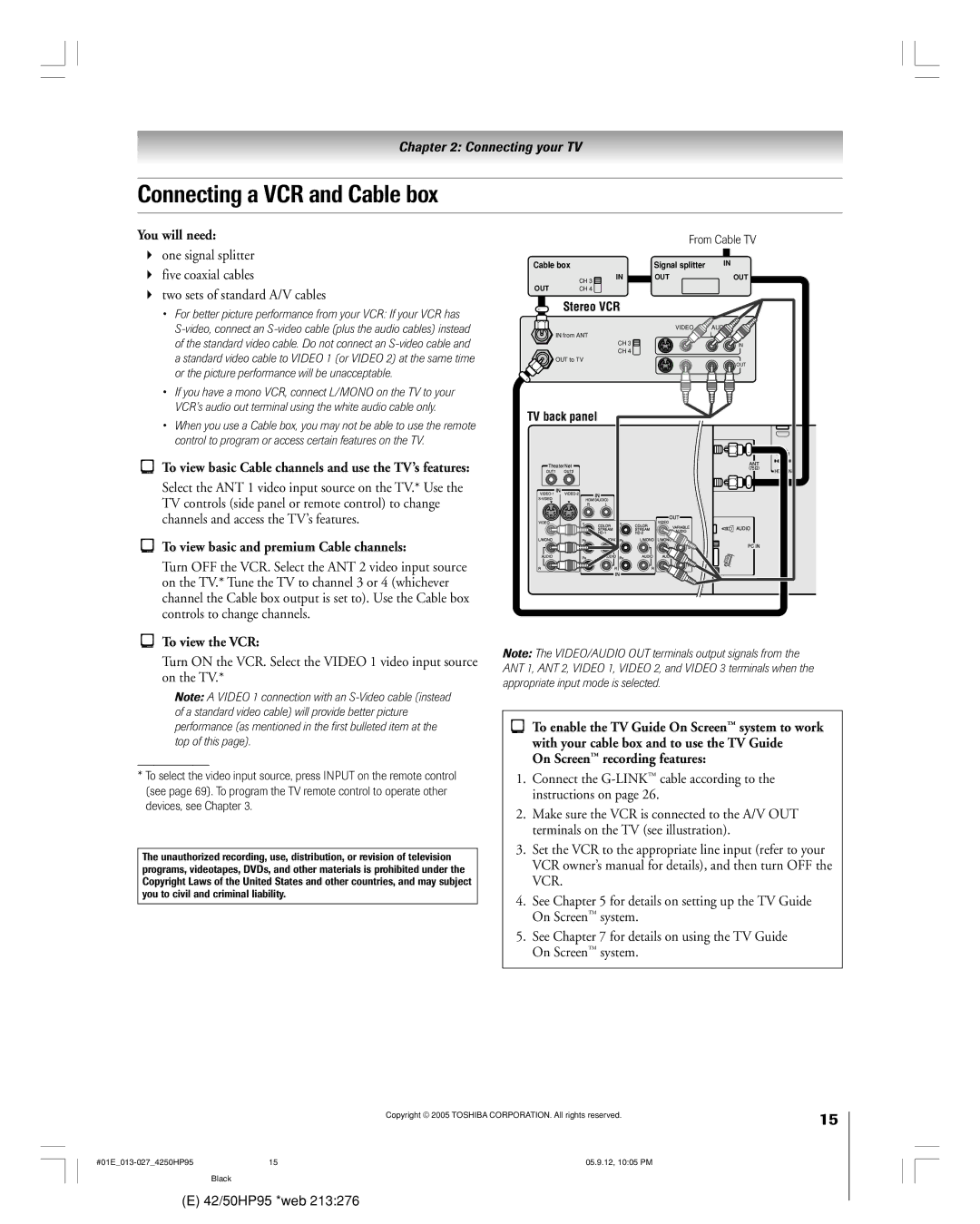 Toshiba 42HP95 Connecting a VCR and Cable box, To view basic and premium Cable channels, On Screenª recording features 