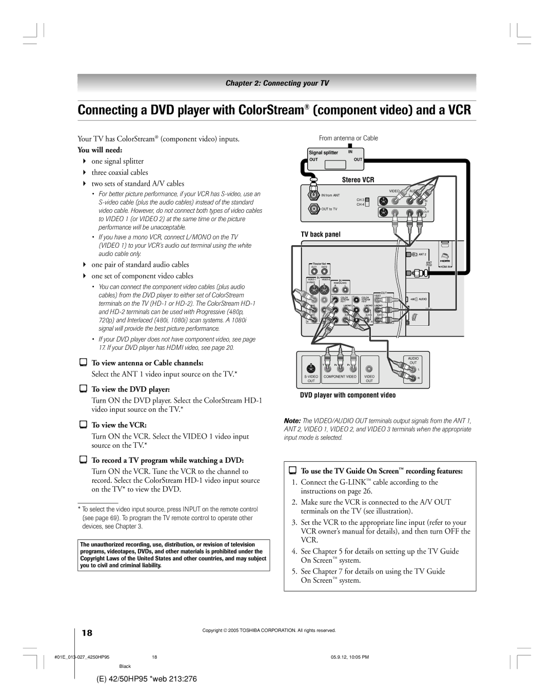 Toshiba 42HP95 Your TV has ColorStream component video inputs, To view antenna or Cable channels, From antenna or Cable 