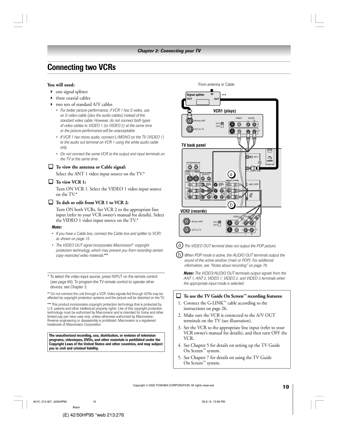 Toshiba 42HP95 owner manual Connecting two VCRs, To view VCR, To dub or edit from VCR 1 to VCR 