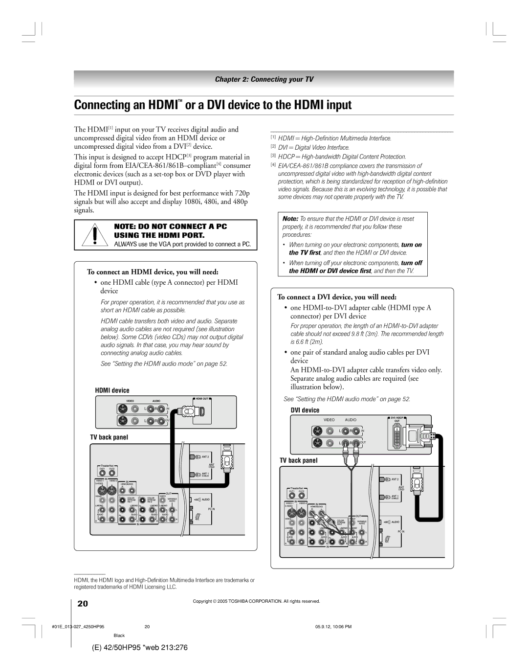 Toshiba 42HP95 owner manual Connecting an Hdmi or a DVI device to the Hdmi input, To connect an Hdmi device, you will need 