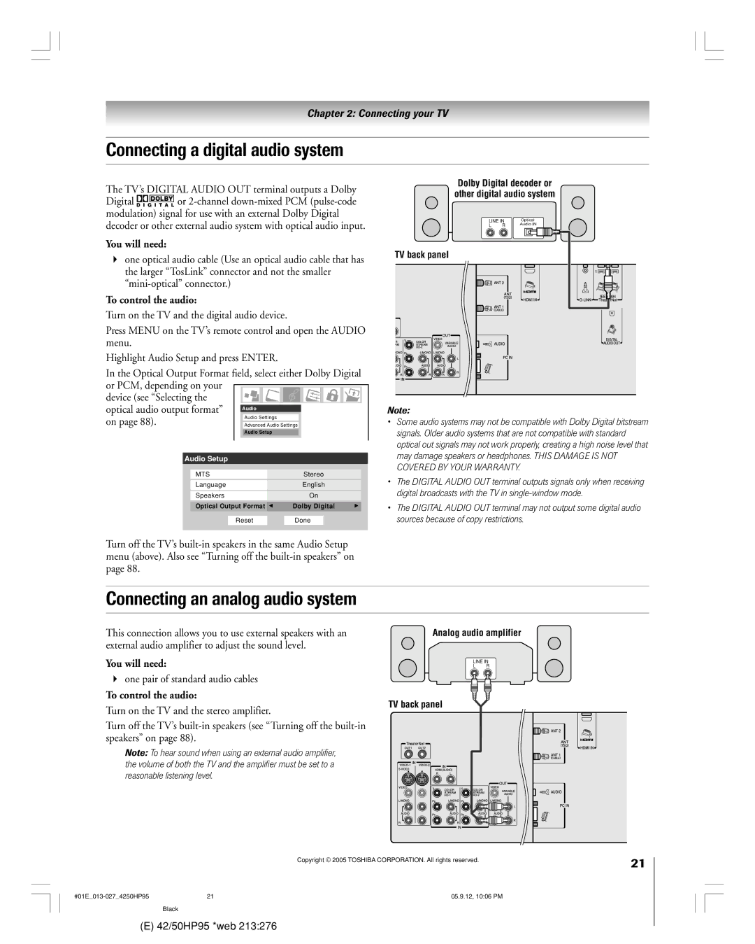 Toshiba 42HP95 owner manual Connecting a digital audio system, Connecting an analog audio system, To control the audio 