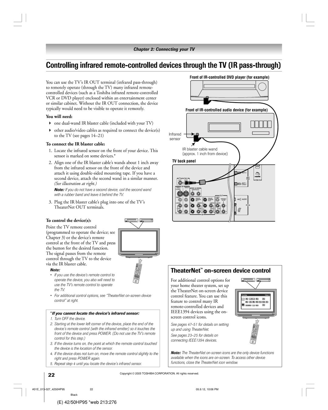 Toshiba 42HP95 owner manual TheaterNet on-screen device control, To connect the IR blaster cable, To control the devices 