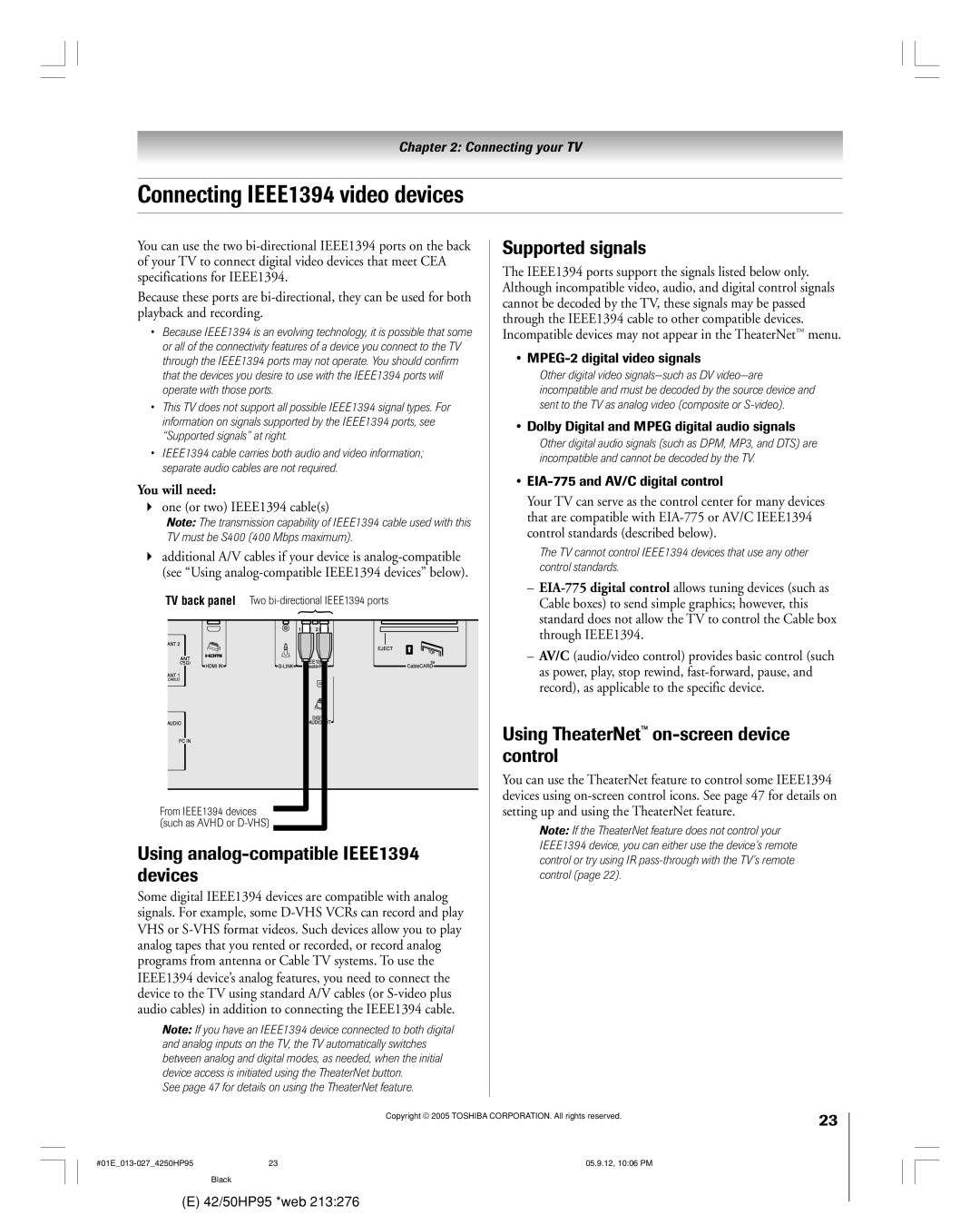 Toshiba 42HP95 owner manual Connecting IEEE1394 video devices, Using analog-compatible IEEE1394 devices, Supported signals 