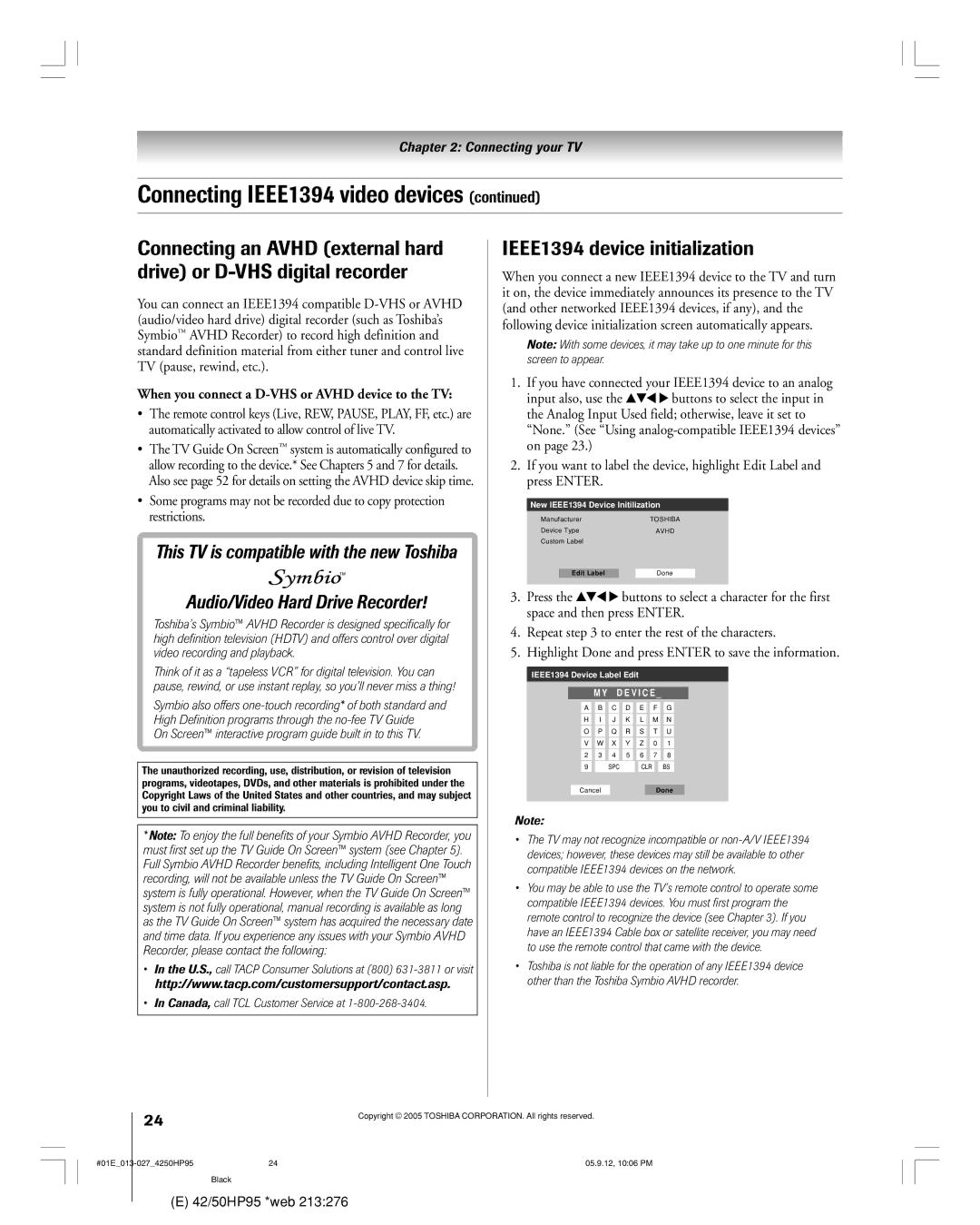 Toshiba 42HP95 owner manual IEEE1394 device initialization, When you connect a D-VHS or Avhd device to the TV 