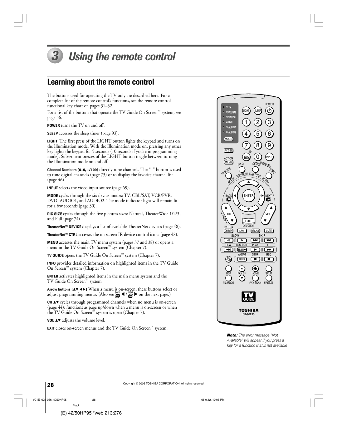 Toshiba 42HP95 owner manual Using the remote control, Learning about the remote control 