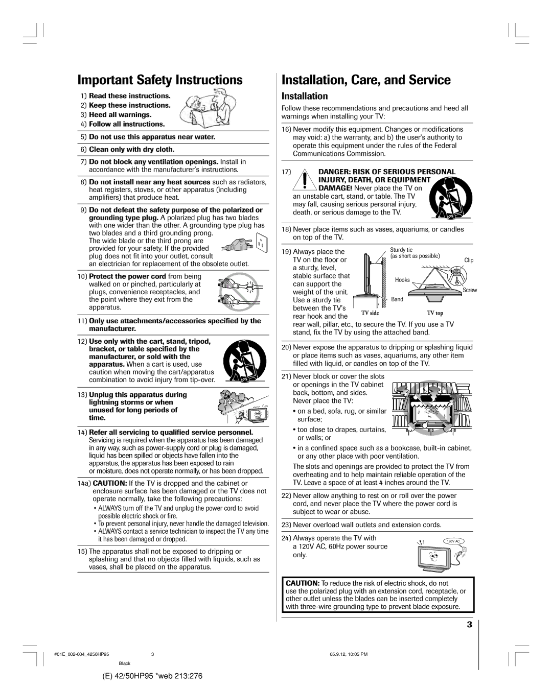 Toshiba 42HP95 owner manual Important Safety Instructions, Installation, Care, and Service 