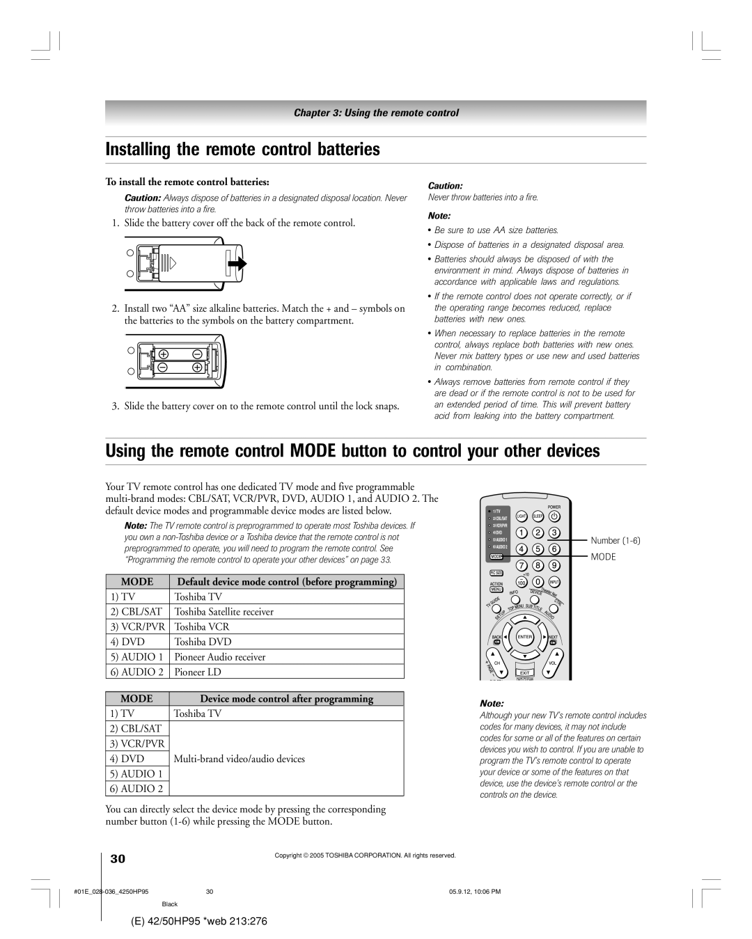 Toshiba 42HP95 owner manual Installing the remote control batteries, To install the remote control batteries 