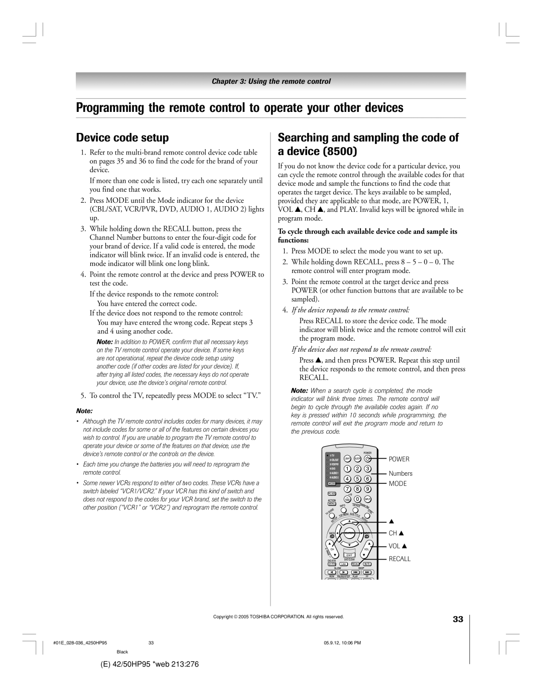 Toshiba 42HP95 owner manual Device code setup Searching and sampling the code, Functions 