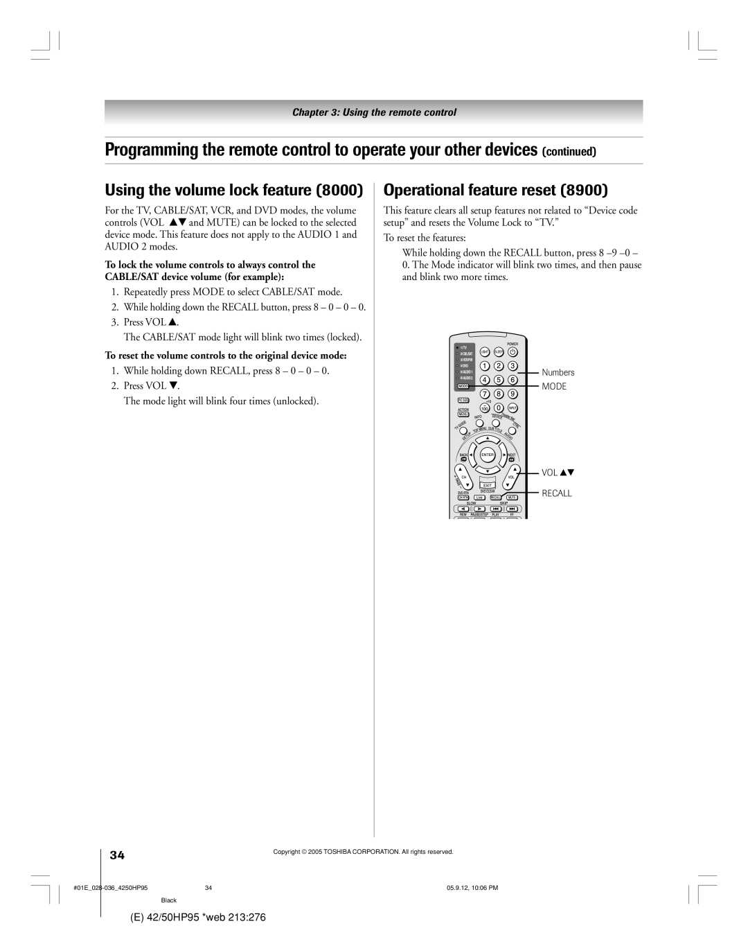 Toshiba 42HP95 Using the volume lock feature, Operational feature reset, Repeatedly press Mode to select CABLE/SAT mode 