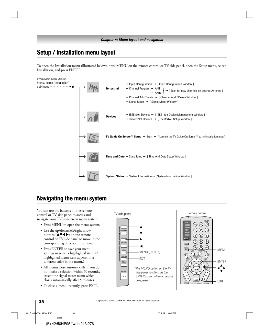 Toshiba 42HP95 Setup / Installation menu layout, Navigating the menu system, Press Menu to open the menu system 