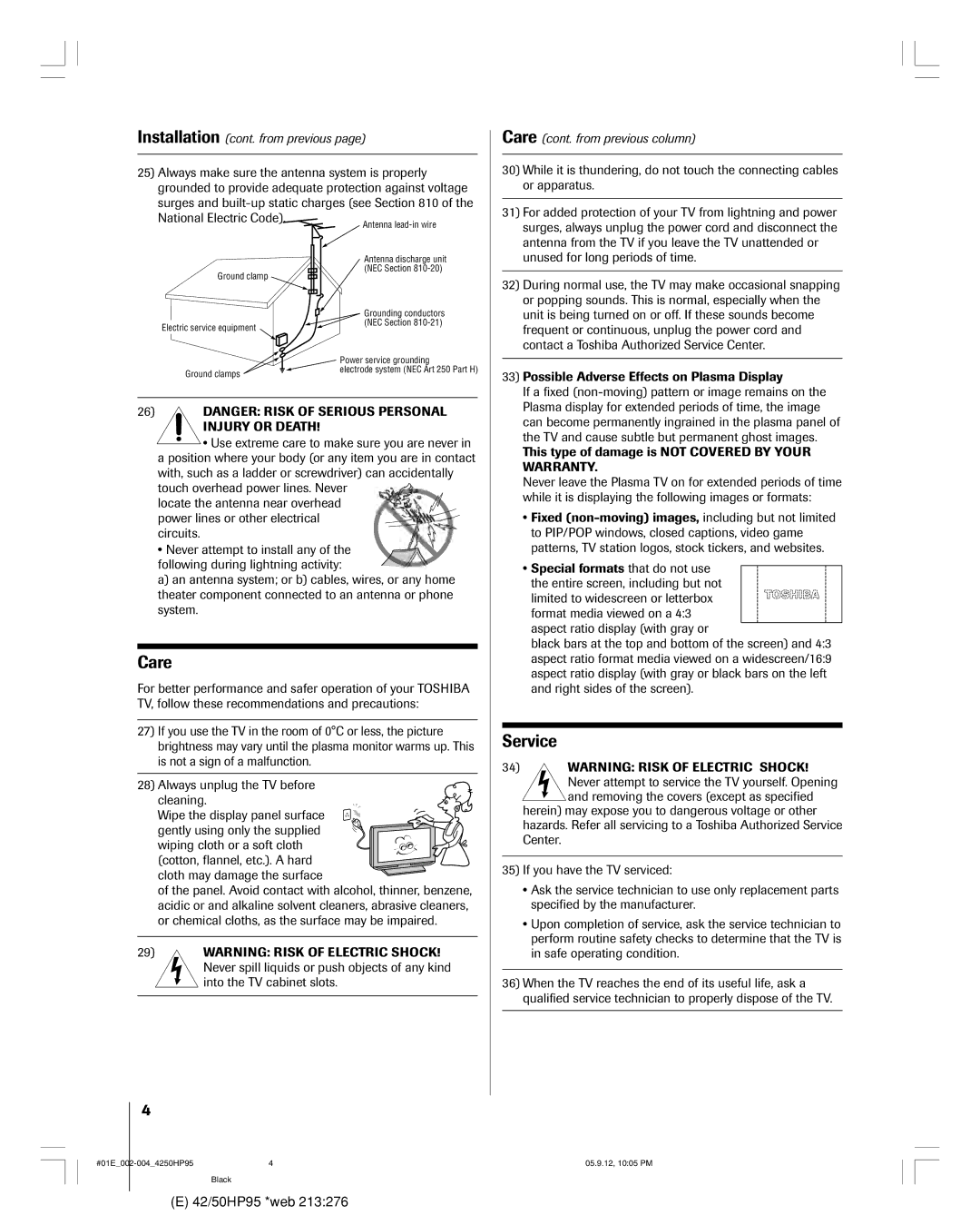 Toshiba 42HP95 owner manual Service 