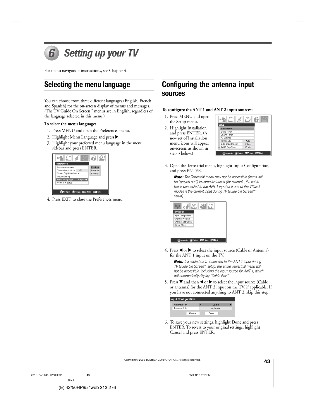 Toshiba 42HP95 owner manual Setting up your TV, To configure the ANT 1 and ANT 2 input sources, To select the menu language 