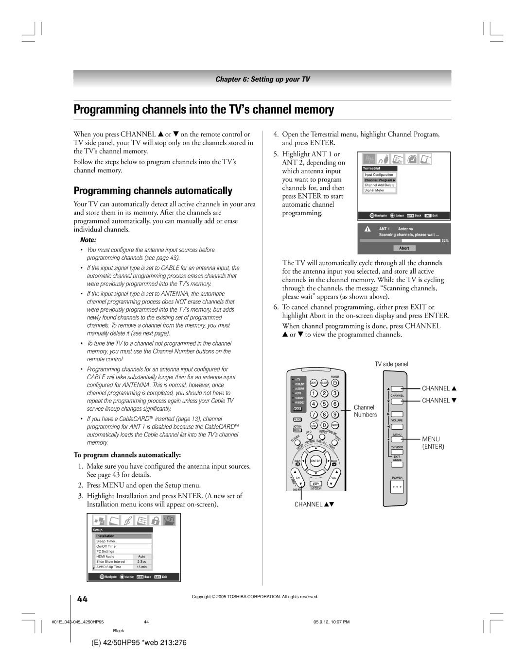 Toshiba 42HP95 owner manual Programming channels into the TV’s channel memory, Programming channels automatically 