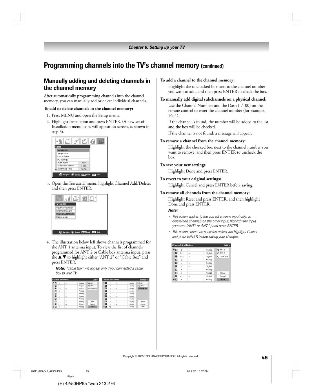 Toshiba 42HP95 owner manual Manually adding and deleting channels in the channel memory 