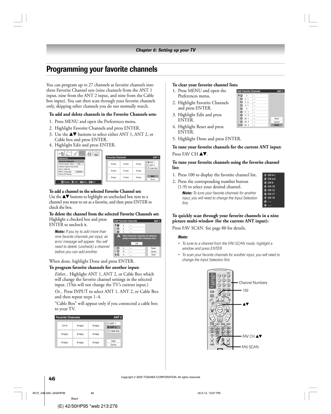 Toshiba 42HP95 To clear your favorite channel lists, To add and delete channels in the Favorite Channels sets, List 