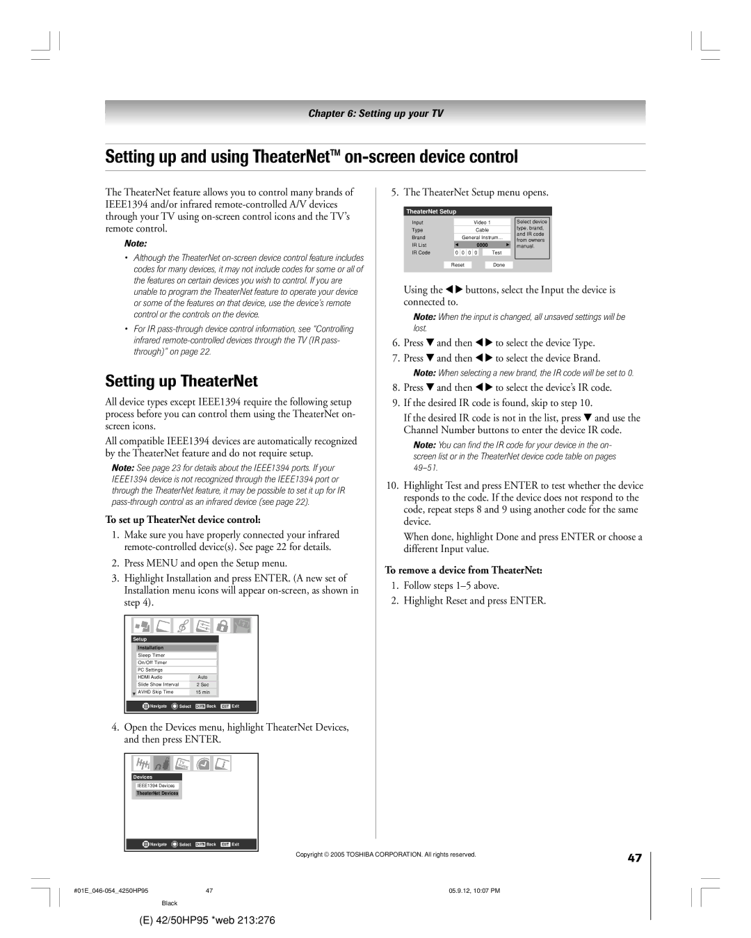 Toshiba 42HP95 owner manual Setting up and using TheaterNet on-screen device control, Setting up TheaterNet 