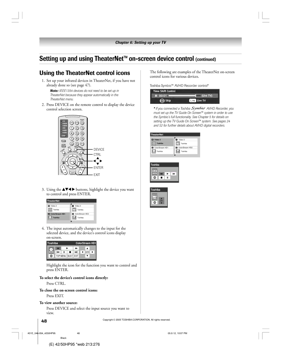 Toshiba 42HP95 Using the TheaterNet control icons, To select the deviceÕs control icons directly, To view another source 