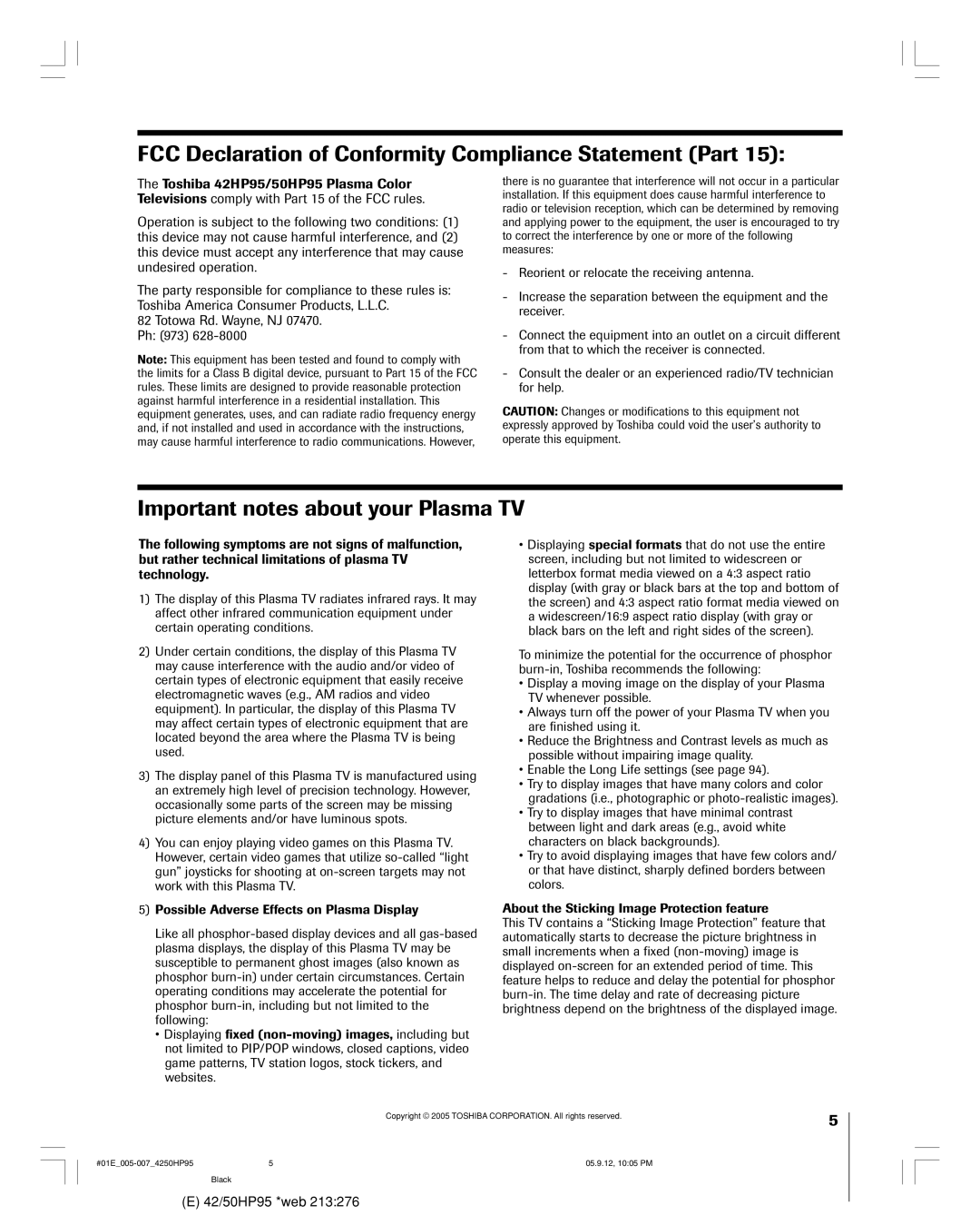 Toshiba 42HP95 owner manual FCC Declaration of Conformity Compliance Statement Part, Important notes about your Plasma TV 