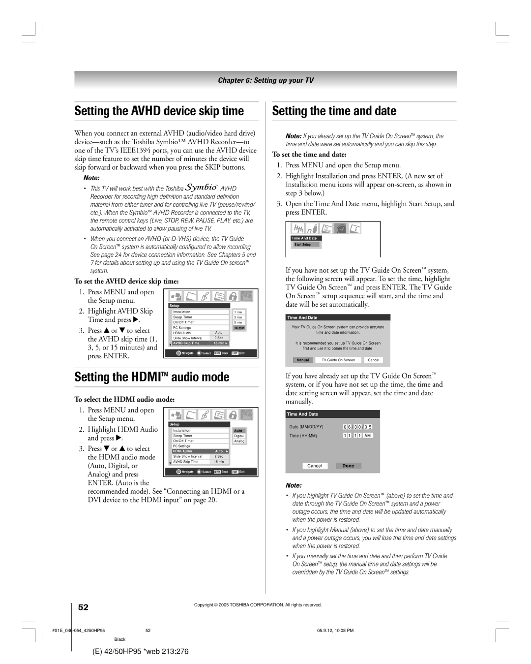 Toshiba 42HP95 owner manual Setting the time and date, Setting the Hdmi audio mode, To set the Avhd device skip time 