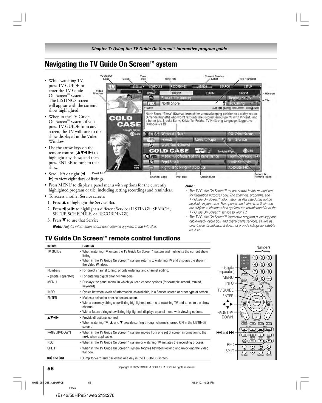 Toshiba 42HP95 Navigating the TV Guide On Screen system, TV Guide On Screen remote control functions, REC Split 