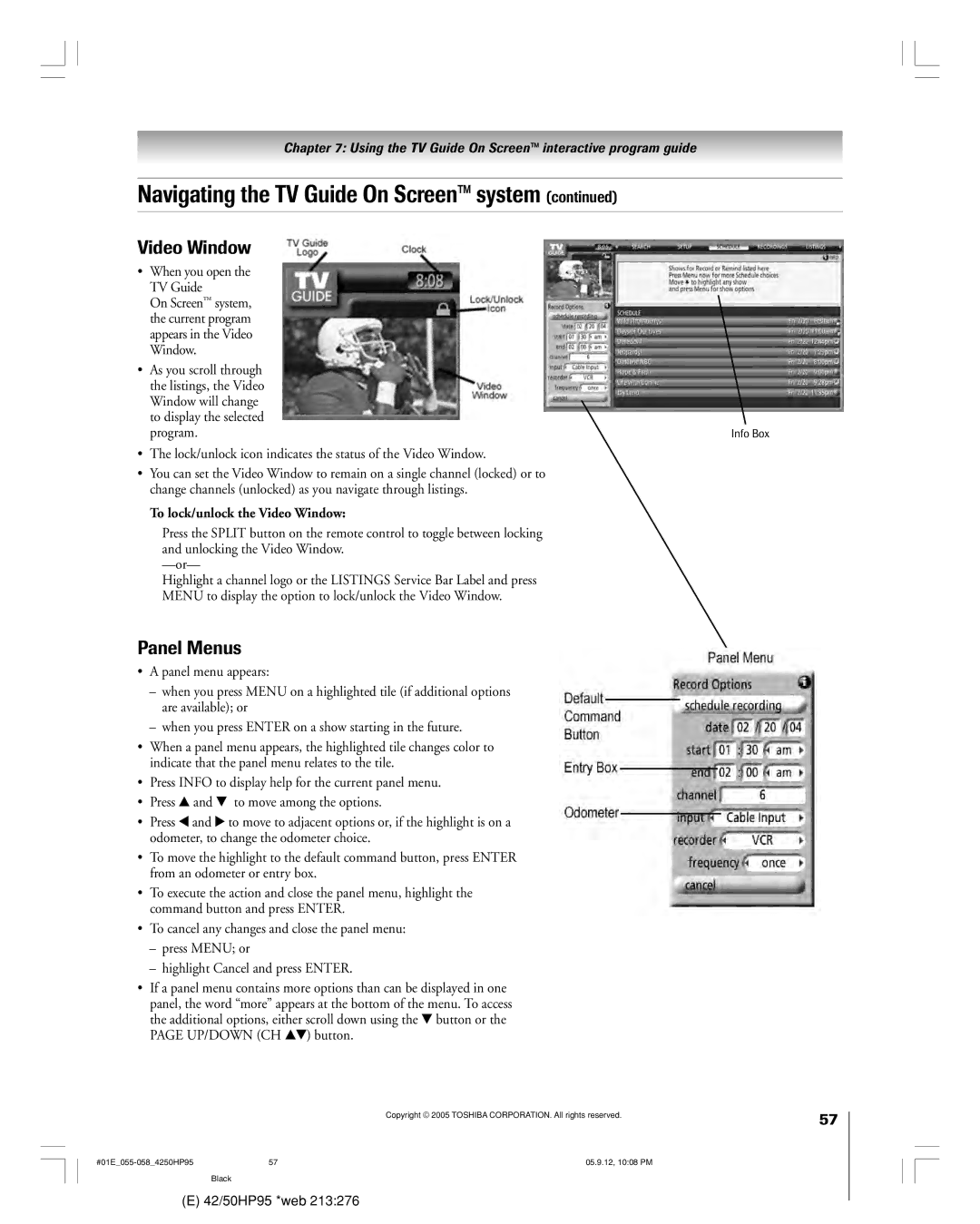 Toshiba 42HP95 owner manual Panel Menus, To lock/unlock the Video Window 